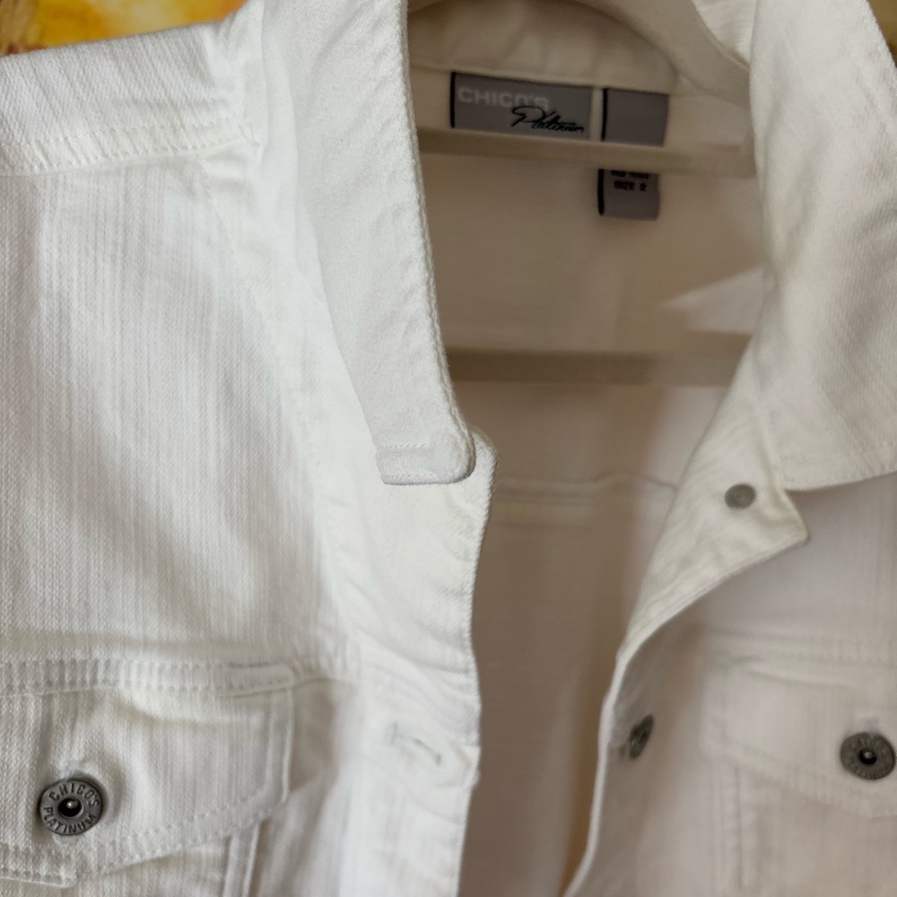 Chico's Platinum White Denim Trucker Jacket - Size L - Picture 2 of 5